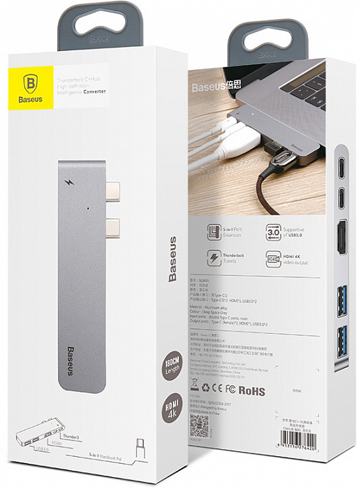 USB-концентратор Baseus Thunderbolt C+ Dual Type-C to USB3.0/HDMI/Type-C (CAHUB-B0G) для MacBook Pro (Deep Space Grey). Фото N4