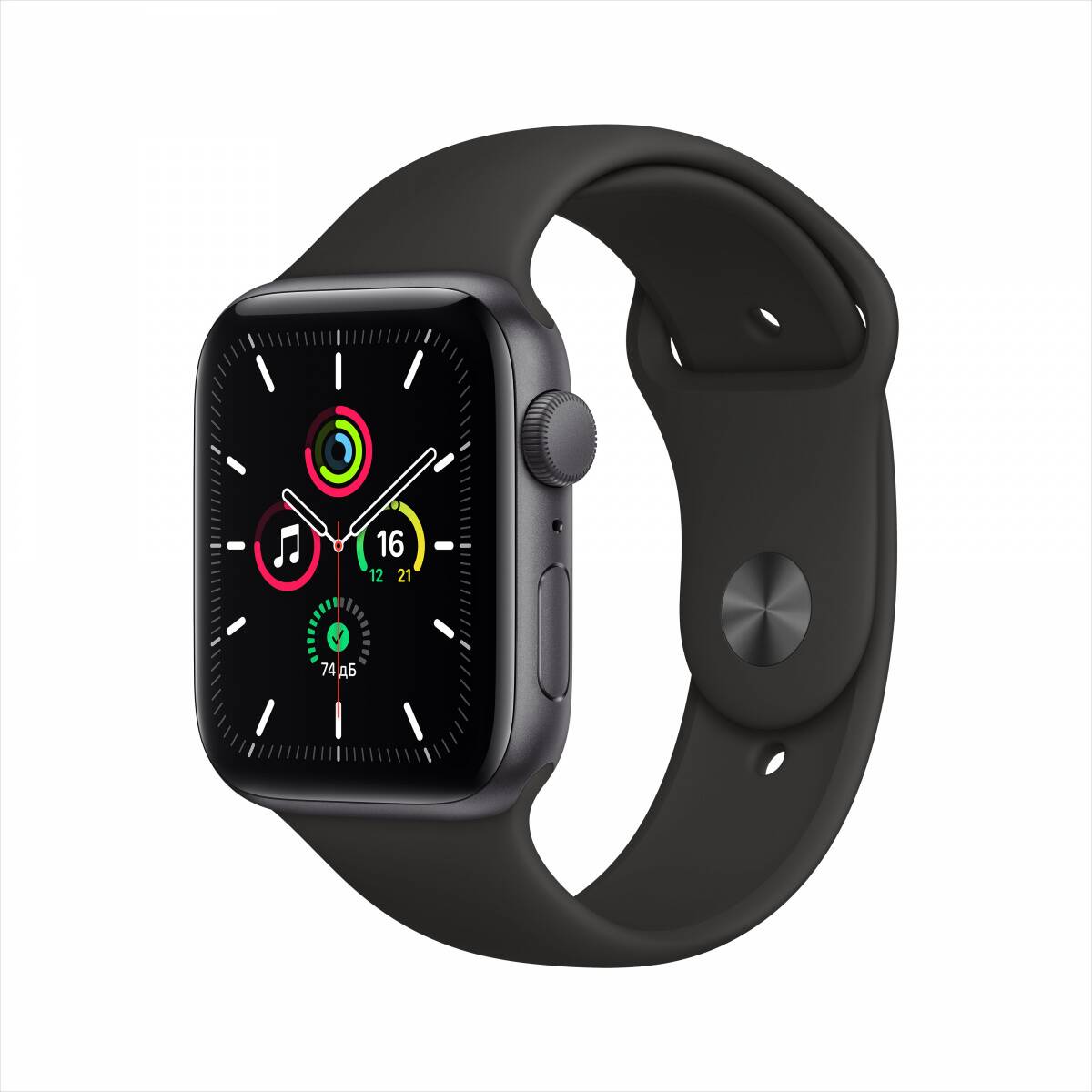 Часы Apple Watch SE, 44 мм, корпус из алюминия цвета «серый космос», спортивный ремешок чёрного цвета MYDT2