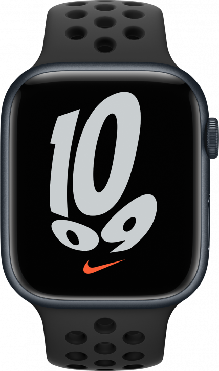 Apple Watch Nike Series 7, 41 мм, корпус из алюминия цвета «тёмная ночь», спортивный ремешок Nike цвета «антрацитовый/чёрный». Фото N2