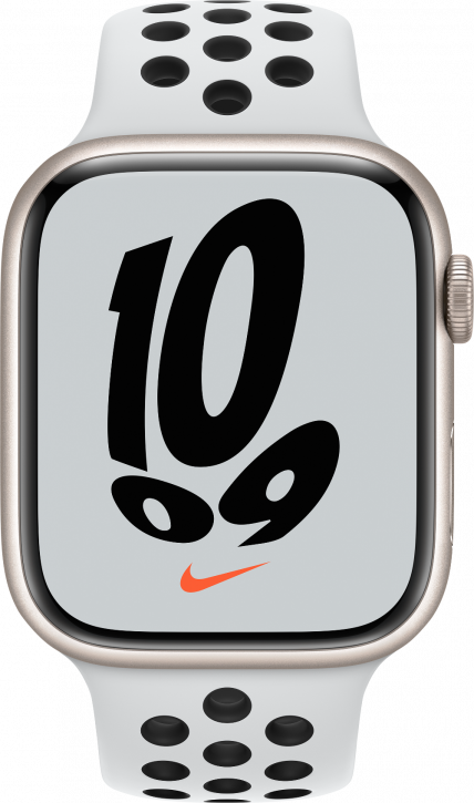 Apple Watch Nike Series 7, 45 мм, корпус из алюминия цвета «сияющая звезда», спортивный ремешок Nike цвета «чистая платина/чёрный». Фото N2