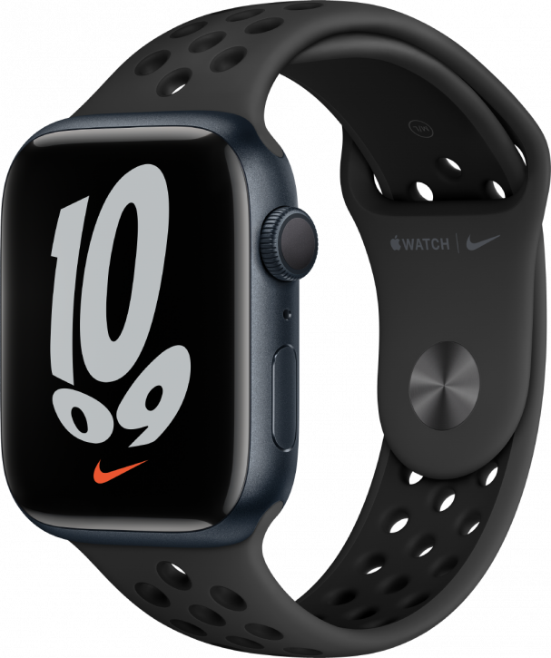 Apple Watch Nike Series 7, 45 мм, корпус из алюминия цвета «тёмная ночь», спортивный ремешок Nike цвета «антрацитовый/чёрный»